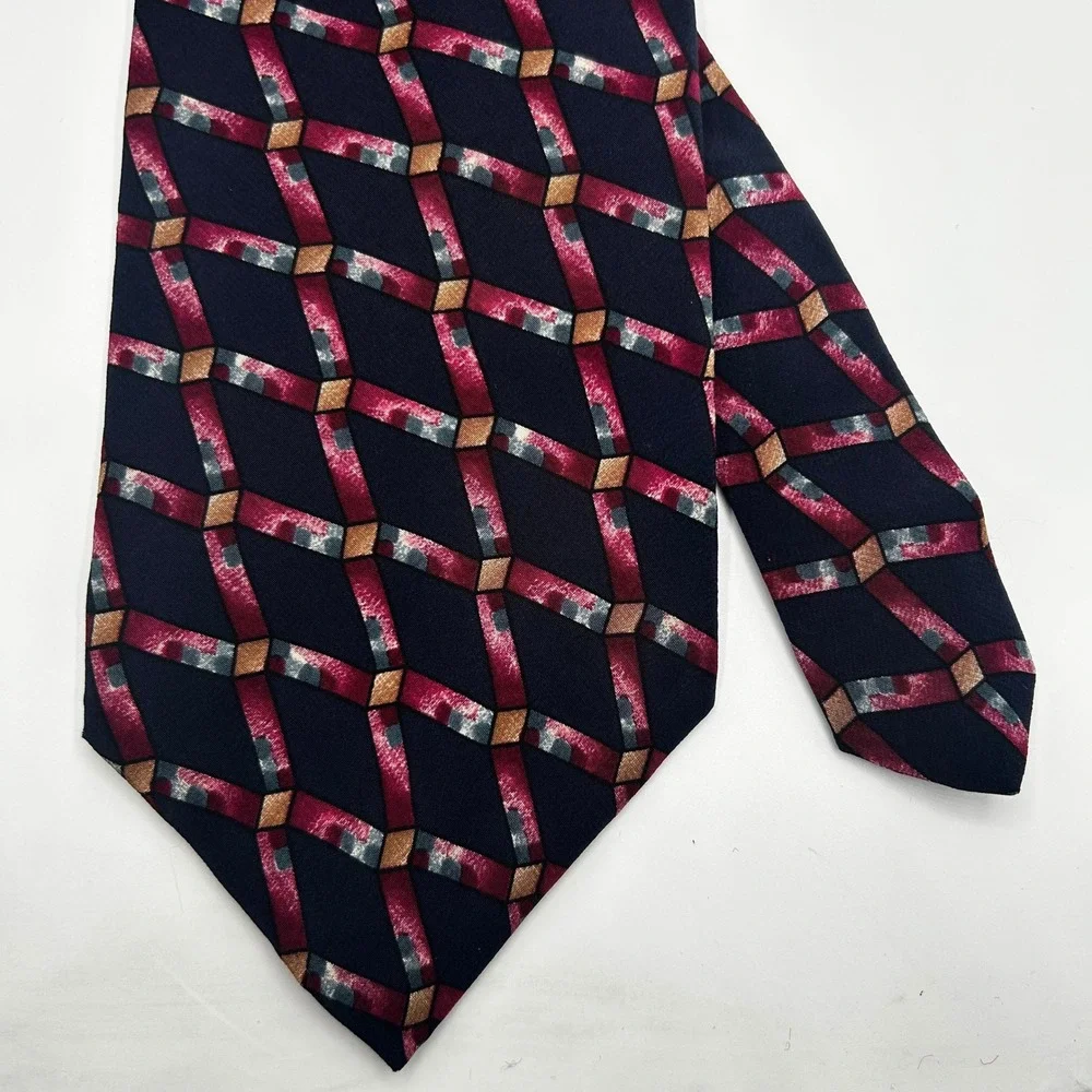 Christian Dior Monsieur Mens Silk Tie Navy Burgundy Geometric Lattice Vintage